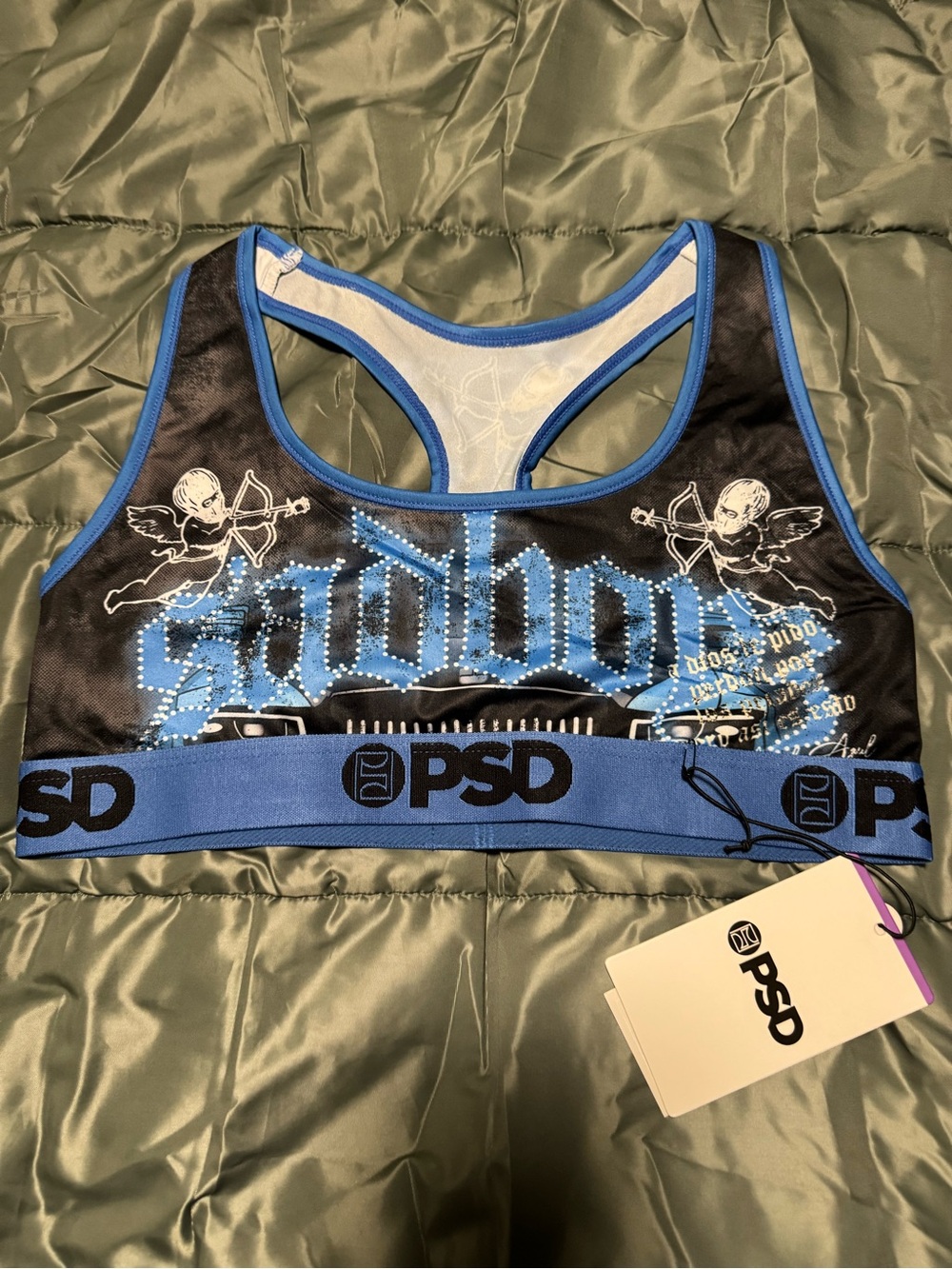 PSD Black Sports Bra with Blue Trim and Graphic Print Sz L